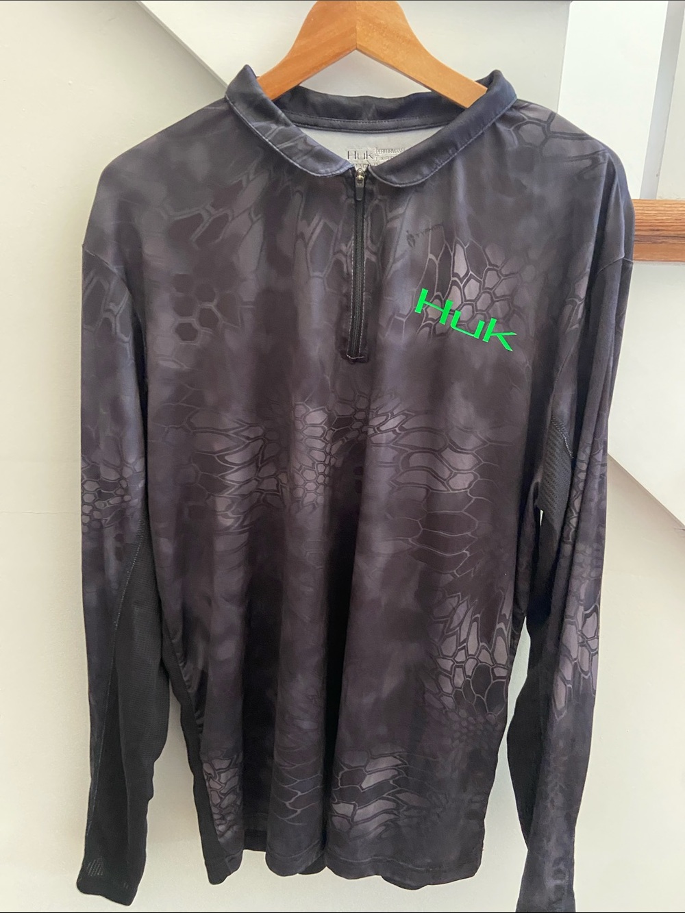 Huk Black Camo Quarter-Zip Pullover with Neon Green Logo